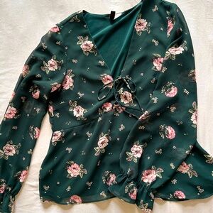 H&M dark green floral top